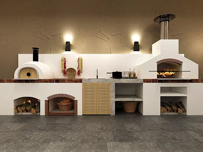 Rustic Kitchen Interior With Brick Ovens Wood Storage Wall Lights And Cabinets 3d model