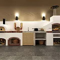 Rustic Kitchen Interior With Brick Ovens Wood Storage Wall Lights And Cabinets