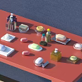 Bathroom Accessories on Red Countertop with Blue Background Soap Dishes Hand Soap Bottles and Jars