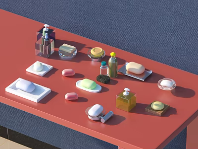 Bathroom Accessories on Red Countertop with Blue Background Soap Dishes Hand Soap Bottles and Jars 3d model