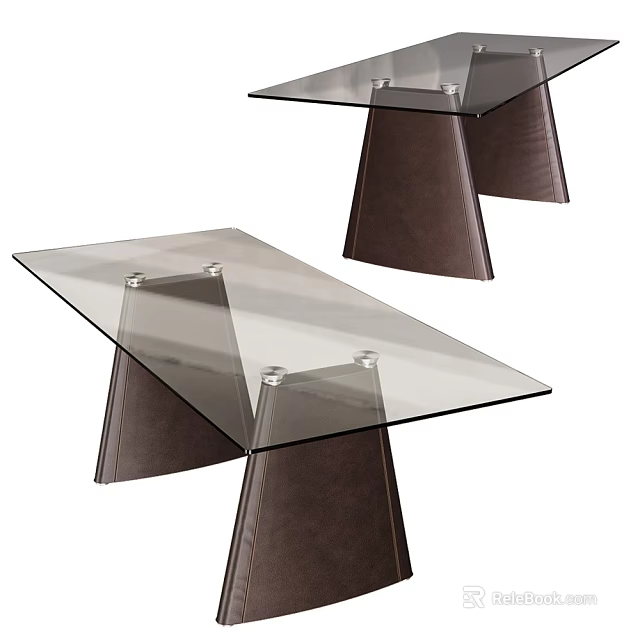 Modern Glass Top Office Desk With Brown Tapered Supports And Metal Accents 3d model 