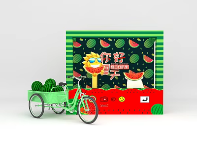 Summer Watermelon Themed Photo Spot with Green Tricycle Sunflower and Striped Design 3d model
