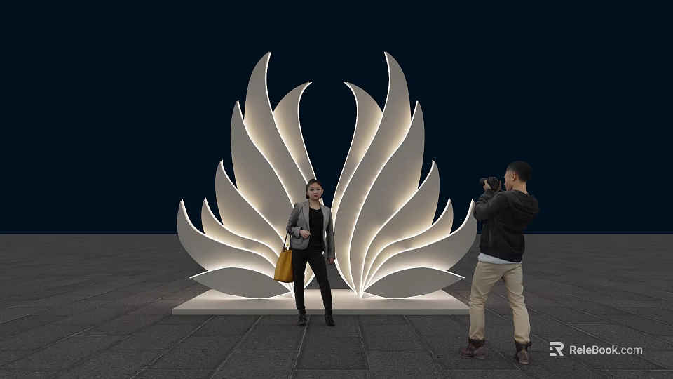 Large White Petal Shaped Illuminated Outdoor Sculpture With People Taking 3d model 