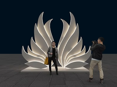 Large White Petal Shaped Illuminated Outdoor Sculpture With People Taking 3d model