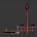 Traditional Japanese Red Torii Gate Decorative Scene With Wooden Bench And Pagoda Model