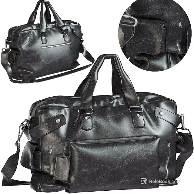 Black Leather Duffle Bag With Handles Shoulder Strap And Pockets 3d model 