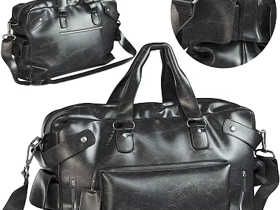Black Leather Duffle Bag With Handles Shoulder Strap And Pockets 3d model