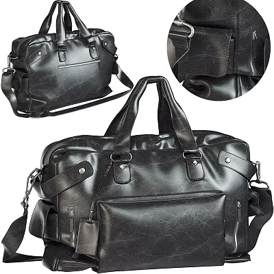 Black Leather Duffle Bag With Handles Shoulder Strap And Pockets 3d model