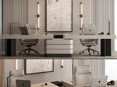 Sleek Modern Office Desk And Chair Set With Laptop Table Lamp And Wall Painting 3d model