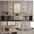 Sleek Modern Office Desk And Chair Set With Laptop Table Lamp And Wall Painting