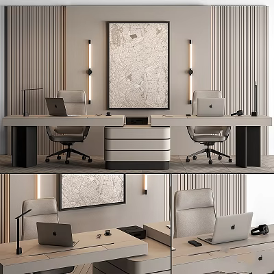 Sleek Modern Office Desk And Chair Set With Laptop Table Lamp And Wall Painting 3d model