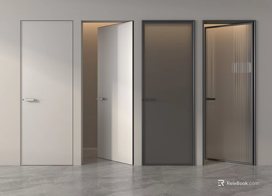 Modern Swing Doors in White and Gray with Glass Panel and Black Frames Design 3d model 
