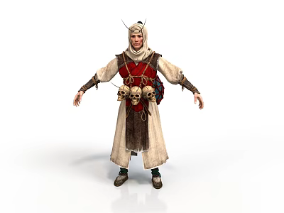 A Woman In Long Traditional Robe With Headscarf And Skull Decorations On Chest 3d model