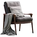 Comfortable Accent Chair With Leather Seat Wooden Armrests Throw Pillow And Knit Blanket
