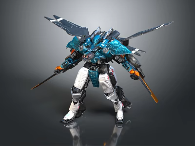 Detailed Futuristic Armored Robotic Character With Winged Structure And Weapons 3d model
