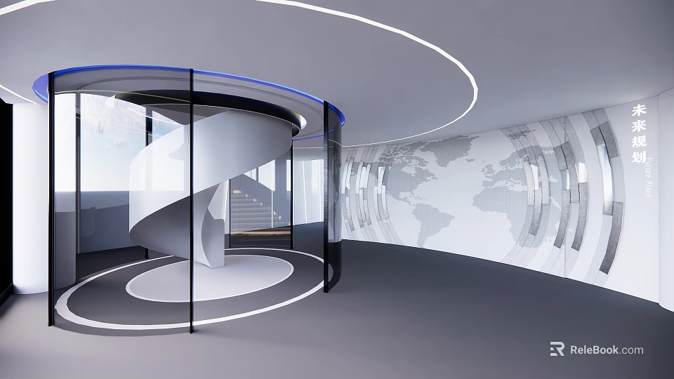 Modern Public Office Space With Spiral Staircase Glass Partition And World Map Wall 3d model 