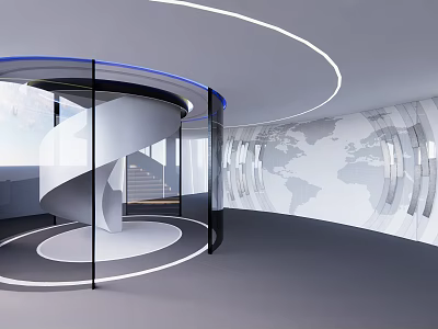 Modern Public Office Space With Spiral Staircase Glass Partition And World Map Wall 3d model