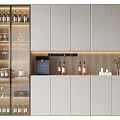 Modern Wine Cabinet Interior with Glass Door Wine Bottles Glassware and Light Gray Cabinets