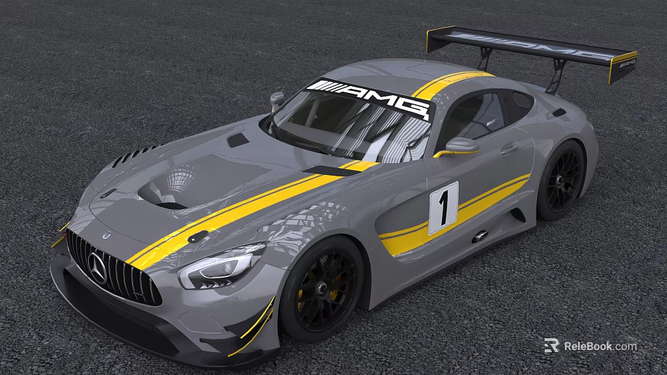 Gray AMG Race Car With Yellow Stripes Number 1 And Large Rear Wing 3d model 