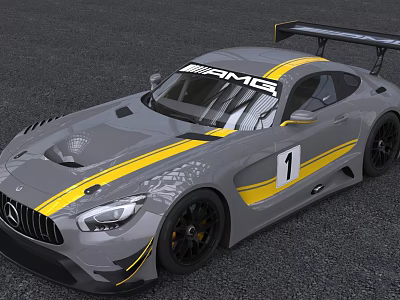 Gray AMG Race Car With Yellow Stripes Number 1 And Large Rear Wing 3d model