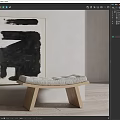 Modern Wooden Bench With Woven Cushion Against Gray Wall And Abstract Art