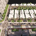 Modern Urban Neighborhood With High Rise Buildings Tree Lined Streets Vehicles And Pedestrians