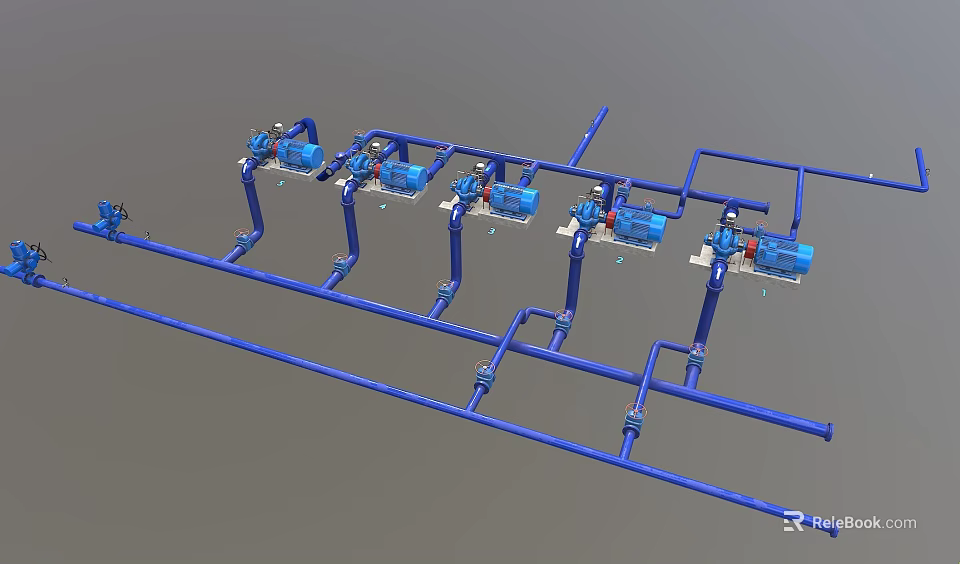 Industrial Equipment Blue Piping System With Multiple Pumps Arranged In Industrial Line Setup 3d model 