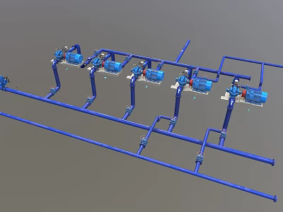 Industrial Equipment Blue Piping System With Multiple Pumps Arranged In Industrial Line Setup 3d model