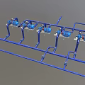 Industrial Equipment Blue Piping System With Multiple Pumps Arranged In Industrial Line Setup