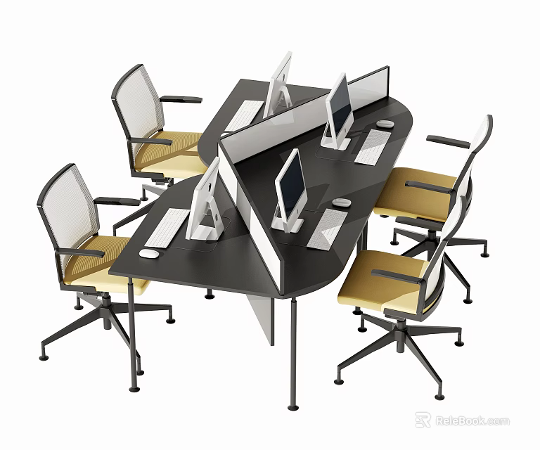 Modern Modular Office Desk Workspace With Partitions Computer Monitors And Chairs 3d model 