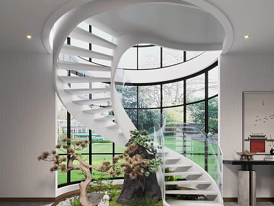 White Spiral Staircase With Large Windows Lawn View And Indoor Green Plants 3d model