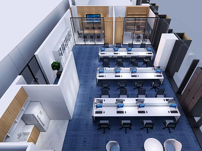 Modern Public Office Space Design With Long Worktables Ergonomic Chairs Green Plants And Glass Partitions 3d model