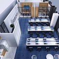 Modern Public Office Space Design With Long Worktables Ergonomic Chairs Green Plants And Glass Partitions
