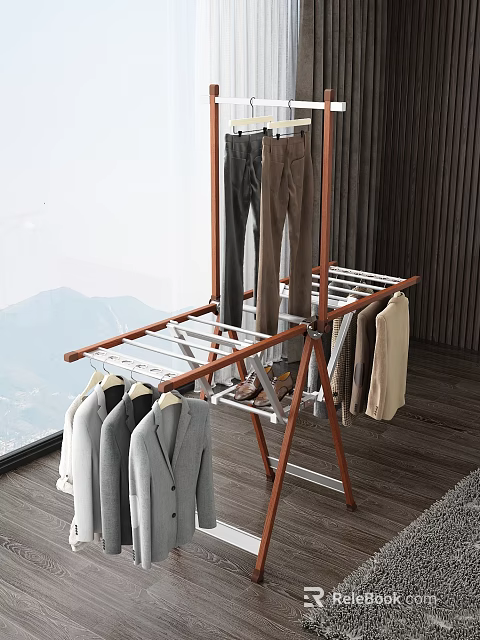 Multi Functional Wooden And Metal Clothes Rack With Suits Pants And Shirts In Modern Room 3d model 