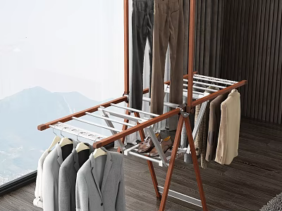 Multi Functional Wooden And Metal Clothes Rack With Suits Pants And Shirts In Modern Room 3d model