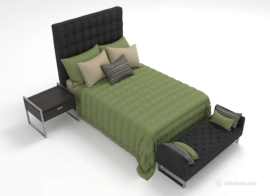Double Bed with Black Tufted Headboard Green Quilted Bedspread Beige Striped Pillows Nightstand and Footstool 3d model 