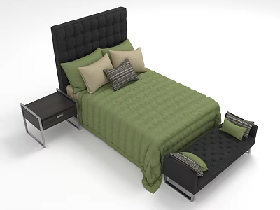 Double Bed with Black Tufted Headboard Green Quilted Bedspread Beige Striped Pillows Nightstand and Footstool 3d model