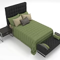 Double Bed with Black Tufted Headboard Green Quilted Bedspread Beige Striped Pillows Nightstand and Footstool