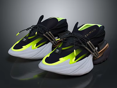 BALMAIN Black And Neon Yellow Sneakers With Black Laces White Chunky Sole And Streamlined Design 3d model