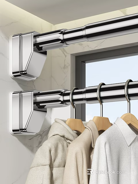 Wall Mounted Chrome Clothes Hanger With Wooden Hooks On Marble Wall 3d model 