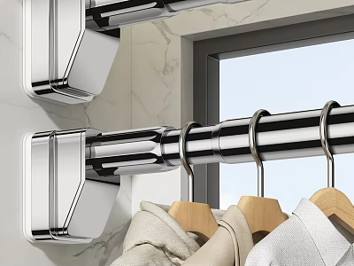 Wall Mounted Chrome Clothes Hanger With Wooden Hooks On Marble Wall 3d model