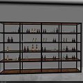 Modern Wine Cabinet with Black Frame and Wooden Shelves Holding Wine Bottles and Glasses