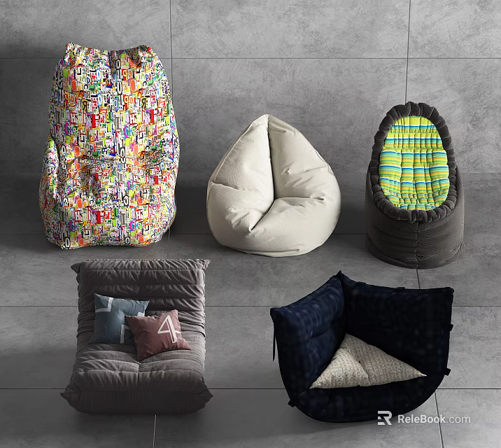 Colorful Comfortable Bean Bag Chairs With Various Patterns and Styles 3d model 