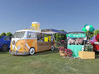 Volkswagen Van Chiat Food Truck with Large Drink Cup Balloons and Flowers in Outdoor Setting 3d model