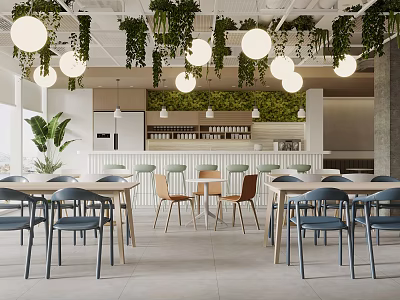 Lounge Area Interior Design With Hanging Plants Round Pendant Lights Wooden Tables And Colorful Chairs 3d model