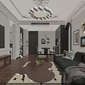 Modern Dining and Living Room with Green Sofa Throw Pillows Wooden Coffee Table and Chandelier
