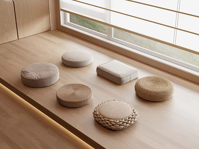 Various Round Square Floor Cushions On Wooden Window Platform With Woven Fabric 3d model