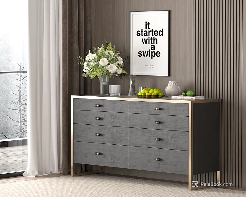 Modern Entryway Console Table Sideboard Gray With Drawers Vase White Flowers Fruits And Wall Art 3d model 