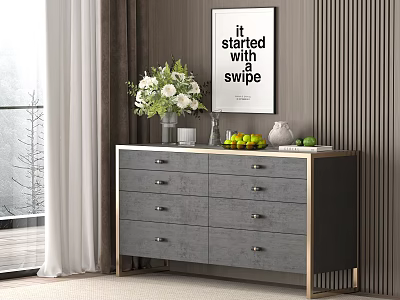 Modern Entryway Console Table Sideboard Gray With Drawers Vase White Flowers Fruits And Wall Art 3d model
