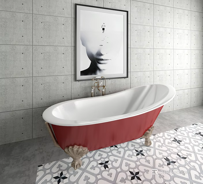 White Interior Red Exterior Bathtub With Gold Feet Gray Wall Black White Painting Patterned Floor 3d model 